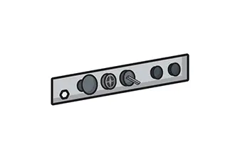 Control panel with various buttons for home elevators, including a knob and indicator lights on a rectangular metal plate.