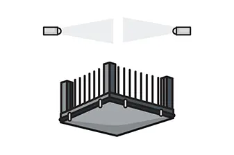 Graphic of a corner-mounted infrared sensor system for home elevators, depicting triangular detection beams above a protective barrier.