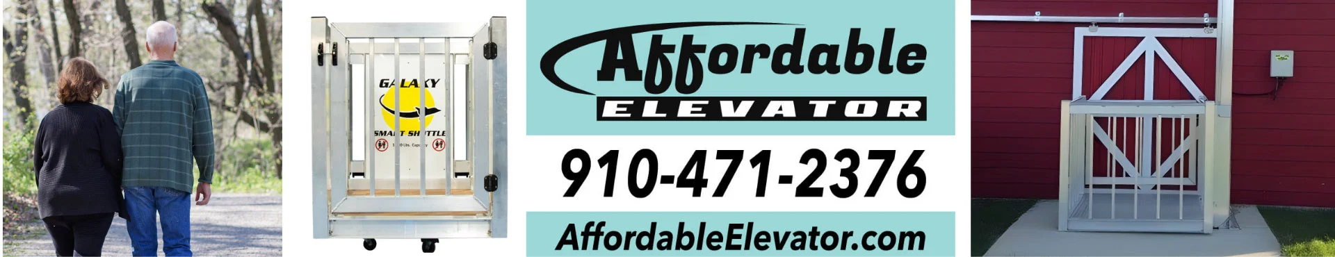 banner Elderly couple walking; affordable home elevators ad with contact info; red house with elevator installation shown.