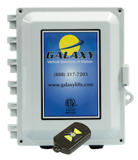 Control box with "Galaxy" logo, website, and phone number, featuring a remote control for home elevators.