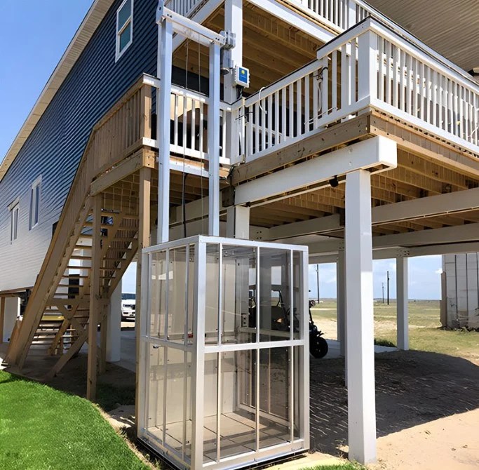 Affordable Elevator Website – Homepage Lifestyle hero Modern home elevator installed beside a raised wooden deck, enhancing accessibility to the upper level of the house.
