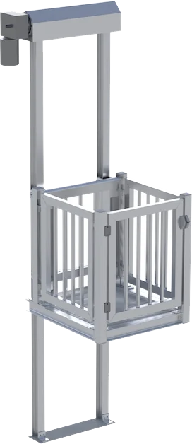 shuttle-standard Silver freestanding platform lift with safety rails, designed for home elevators, offering mobility and accessibility solutions.