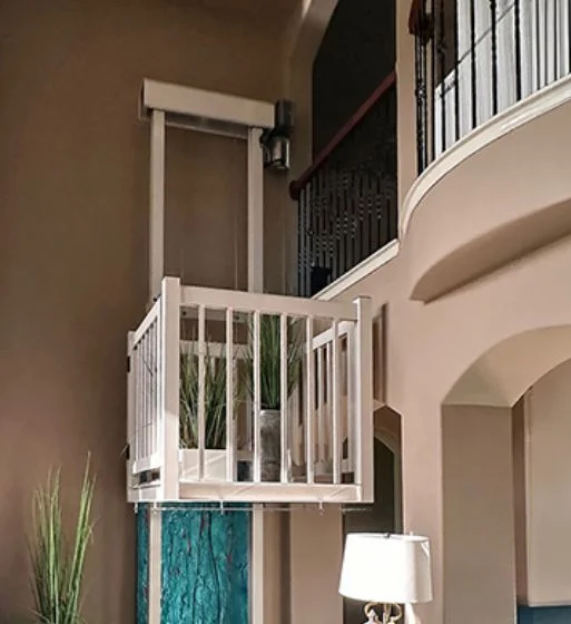 Modern home elevator with open railing, integrated into a softly lit room with arched details and decorative plants.