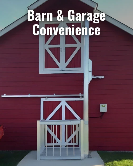 Red barn with a home elevator featuring a white metal platform and railing. Text reads "Barn & Garage Convenience."