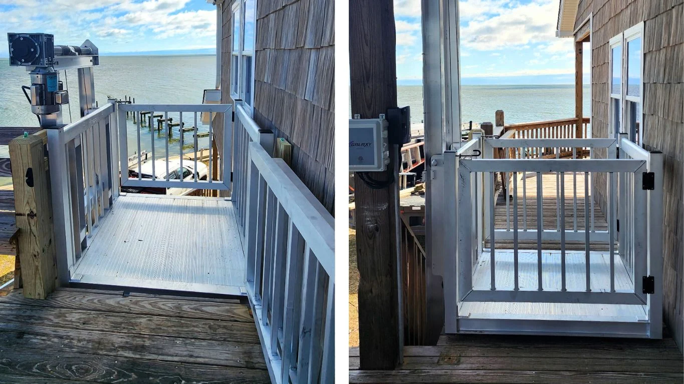 Outdoor home elevator with coastal view, featuring a wooden deck entry and metal railing, overlooking a calm sea.
