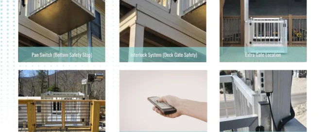 Features of home elevators: pan switch, interlock system, extra gate, deck gate, handheld lift controls, and extra remote controls.