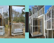 Two home elevators with glass and metal railings installed outdoors, connecting ground and upper floors of elevated houses.