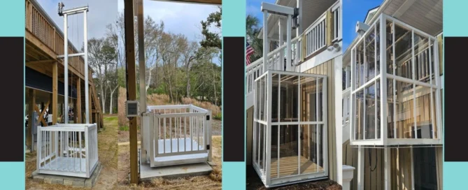 Two home elevators with glass and metal railings installed outdoors, connecting ground and upper floors of elevated houses.