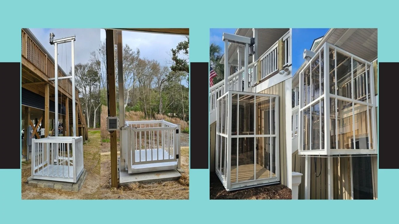 Two home elevators with glass and metal railings installed outdoors, connecting ground and upper floors of elevated houses.