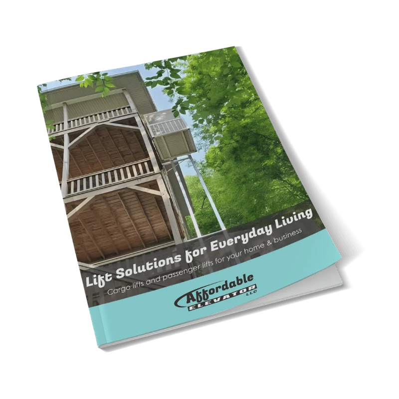 Brochure titled "Lift Solutions for Everyday Living" by Affordable Elevator, featuring cargo and home elevators.