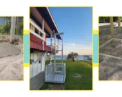 Three-panel image showing the installation of home elevators with a concrete base, framework, and finished setup by a lakeside house.