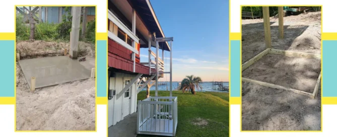 Three-panel image showing the installation of home elevators with a concrete base, framework, and finished setup by a lakeside house.