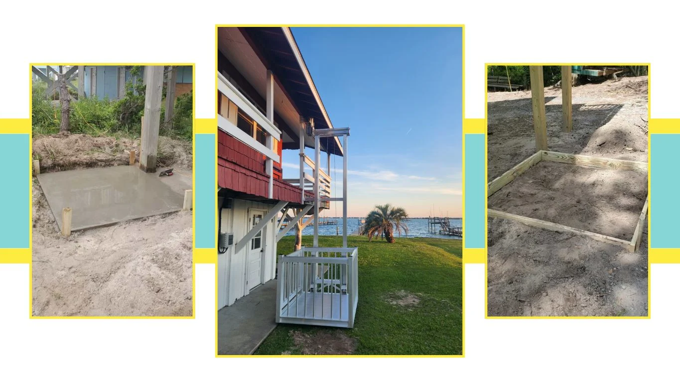 Three-panel image showing the installation of home elevators with a concrete base, framework, and finished setup by a lakeside house.