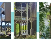 Three outdoor home elevators, each attached to multi-level houses, surrounded by greenery and lake views.