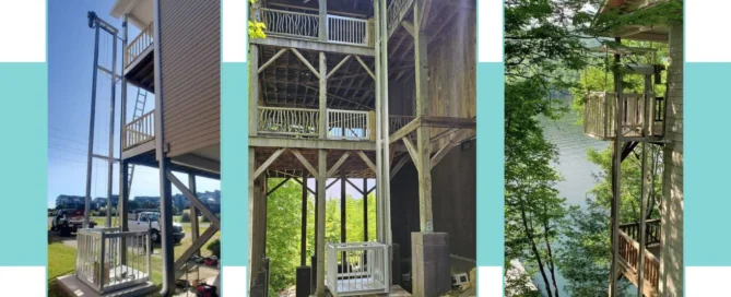 Three outdoor home elevators, each attached to multi-level houses, surrounded by greenery and lake views.