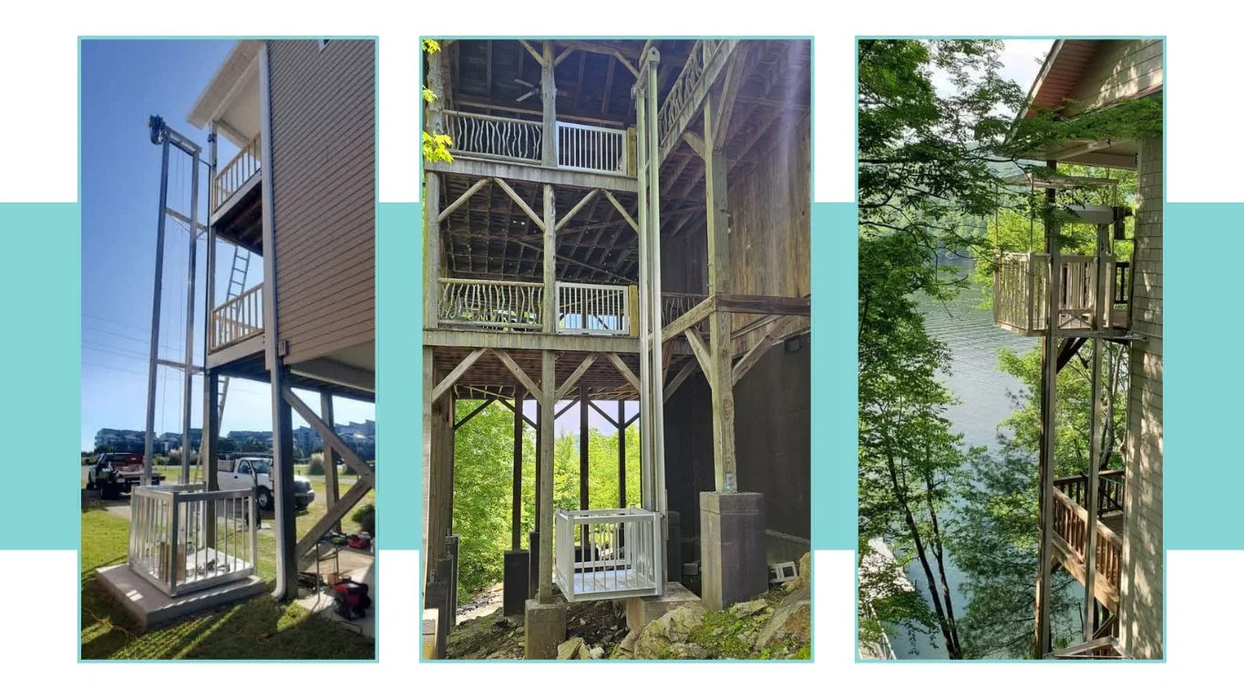 Three outdoor home elevators, each attached to multi-level houses, surrounded by greenery and lake views.