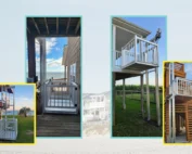 Various home elevators on wooden structures against coastal backdrops, showcasing outdoor accessibility solutions.