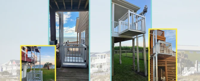 Various home elevators on wooden structures against coastal backdrops, showcasing outdoor accessibility solutions.