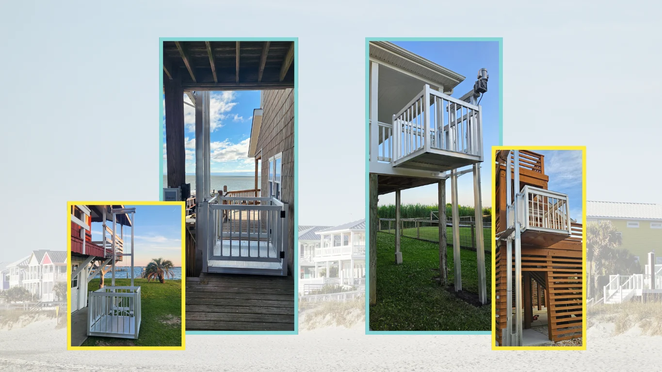 Various home elevators on wooden structures against coastal backdrops, showcasing outdoor accessibility solutions.