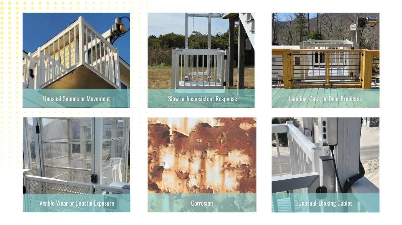 Common home elevator issues: unusual sounds, slow response, gate problems, visible wear, corrosion, and unusual cables.