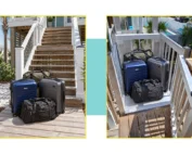 Suitcases on a wooden deck, one set on stairs, another on a small platform, highlighting the ease of using home elevators for luggage transport.