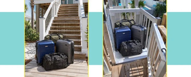 Suitcases on a wooden deck, one set on stairs, another on a small platform, highlighting the ease of using home elevators for luggage transport.