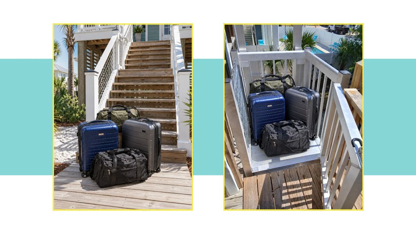 Heavy Lifting Doesn’t Have to Be a Nightmare Suitcases on a wooden deck, one set on stairs, another on a small platform, highlighting the ease of using home elevators for luggage transport.
